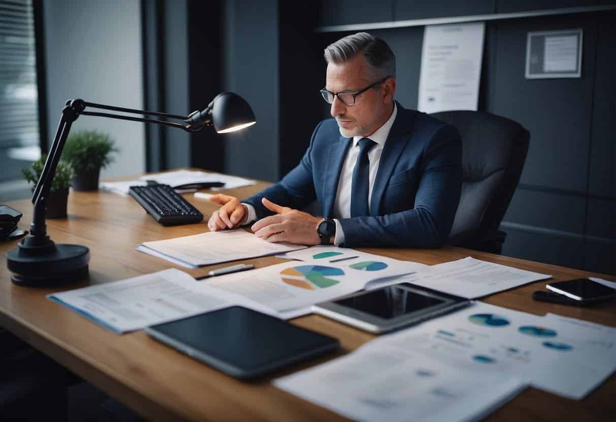 An SME owner sits at a desk, surrounded by technology and business documents. They are deep in thought, considering different AI solutions for their company's strategy