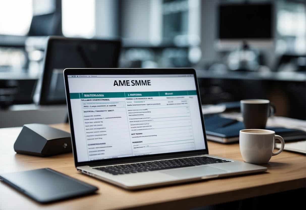 An office desk with a laptop, AI software options on screen, and a checklist of SME needs