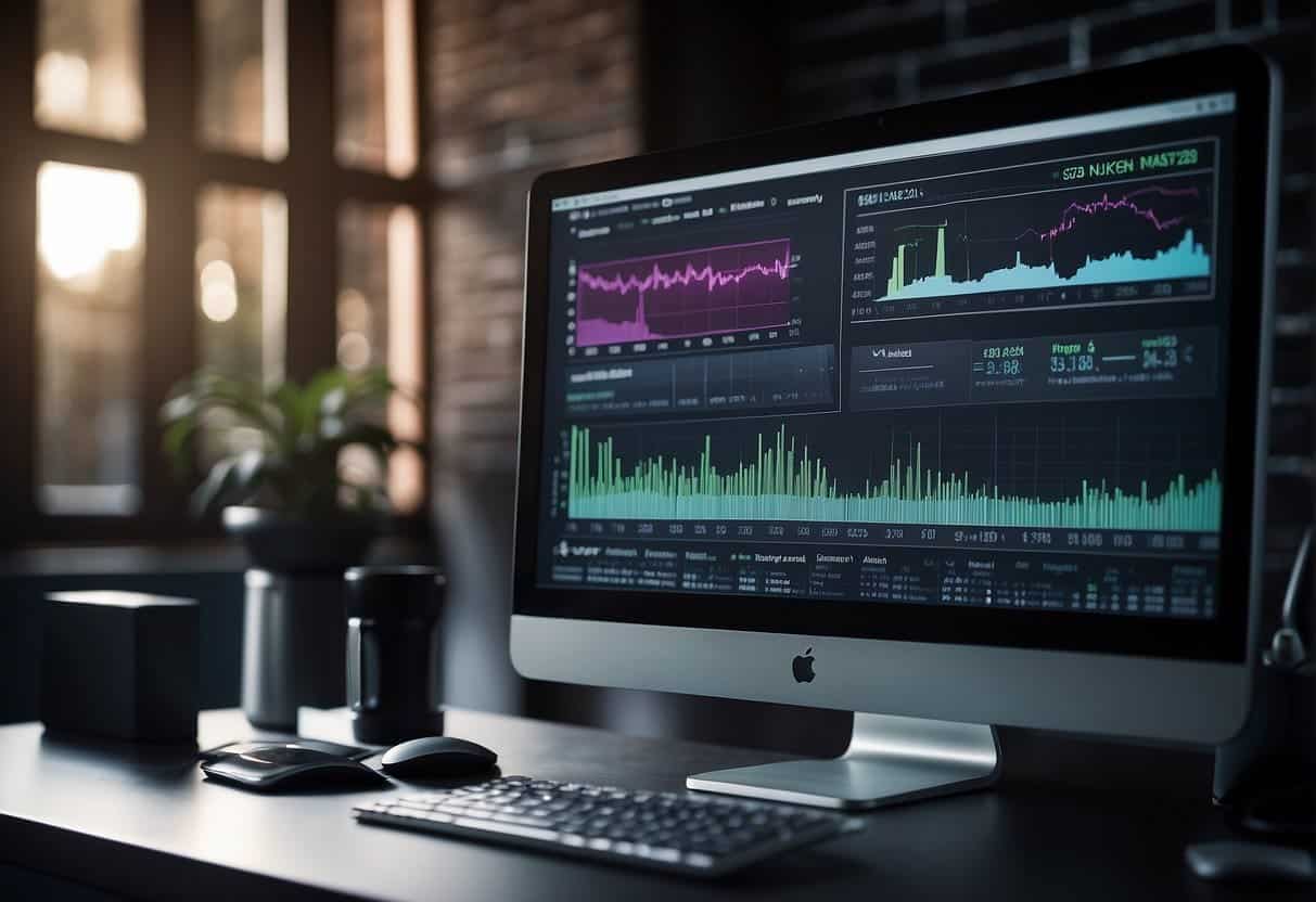 A computer screen displaying graphs and charts, with AI algorithms running in the background. A stack of data files and a selection of AI solution options on a desk nearby