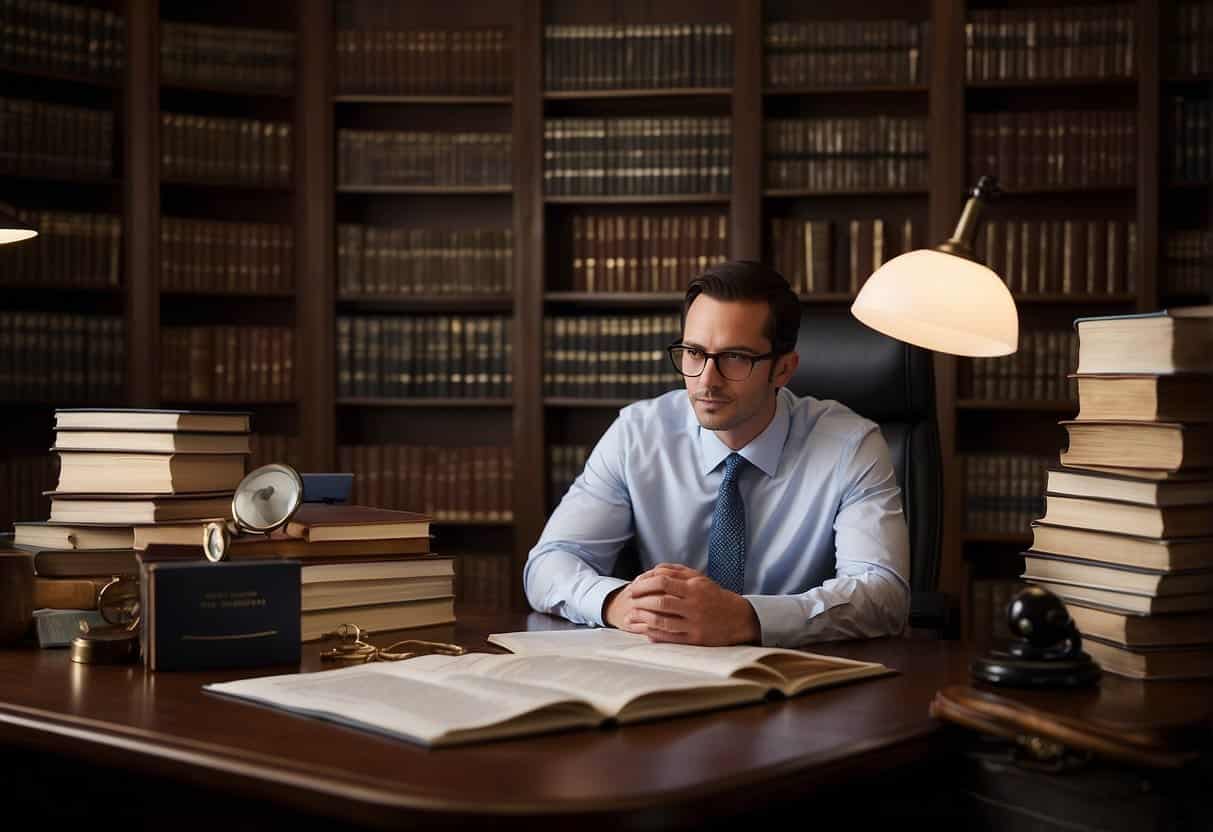 A legal professional researching SEO best practices, surrounded by books, a computer, and legal documents