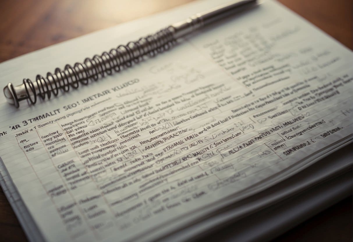 A computer screen displays a list of SEO myths and best practices. A pen hovers over a notebook, ready to jot down key points. A brainstorming session in progress