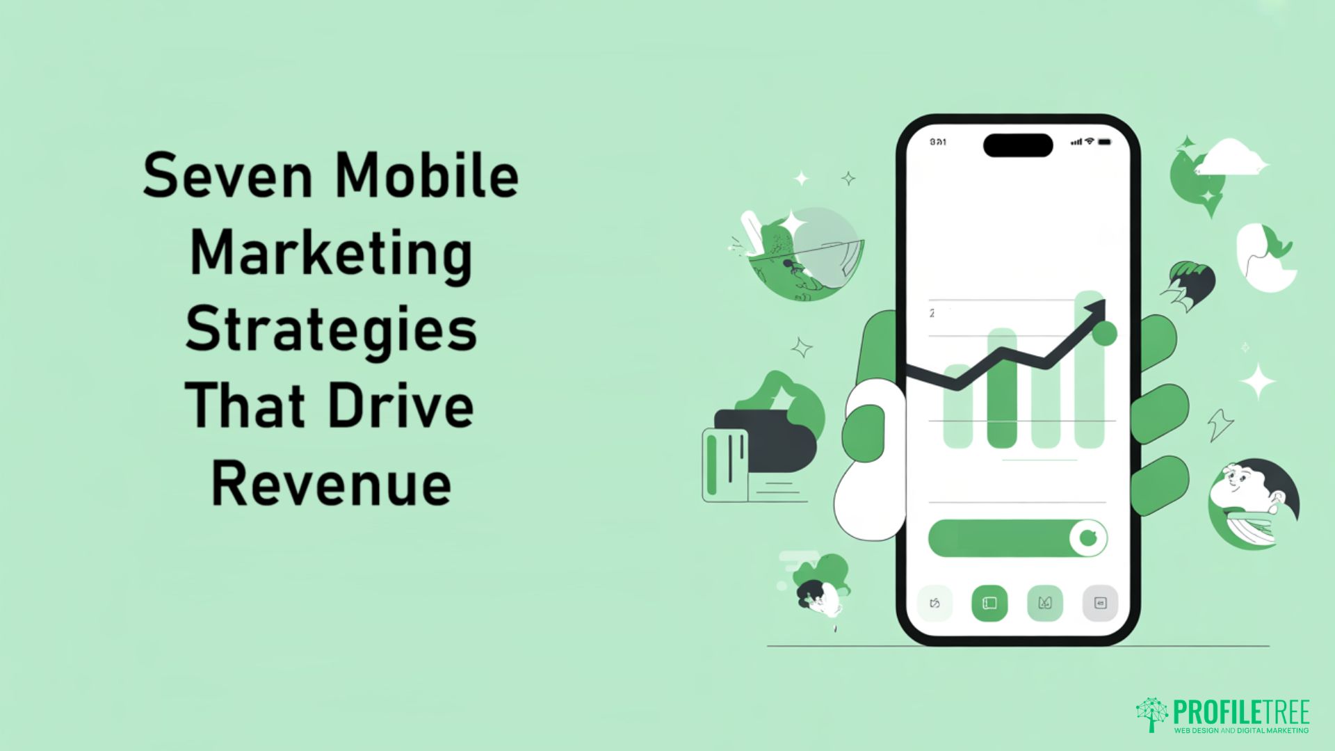 Illustration of a mobile phone displaying growth charts, with text reading Seven Mobile Commerce Marketing Strategies That Drive Revenue on a green background, and small icons related to business and marketing.