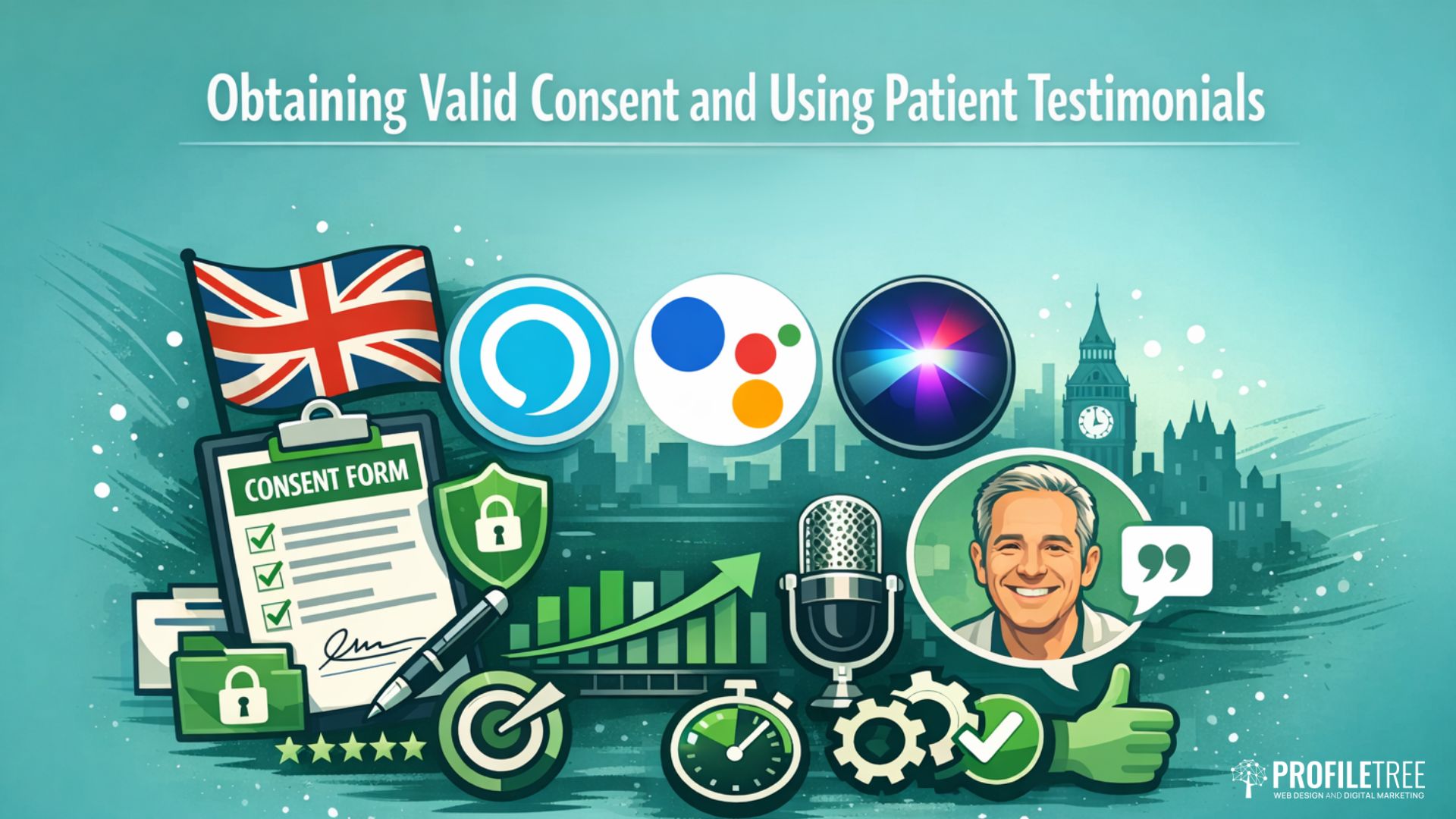 Illustration with UK flag, consent form, smart assistant icons, testimonial image, microphone, and symbols for data, approval, patient privacy, and feedback under the title “Obtaining Valid Consent and Using Patient Testimonials.”.