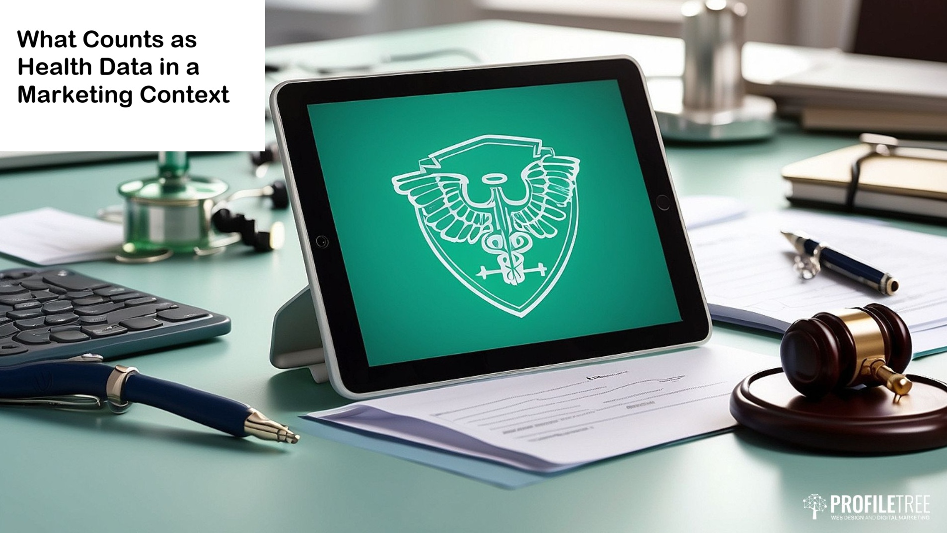 A tablet displaying a medical symbol sits on a desk with papers, a pen, stethoscope, and office items. A sign reads, What Counts as Health Data in a Marketing Context—highlighting the importance of patient privacy.