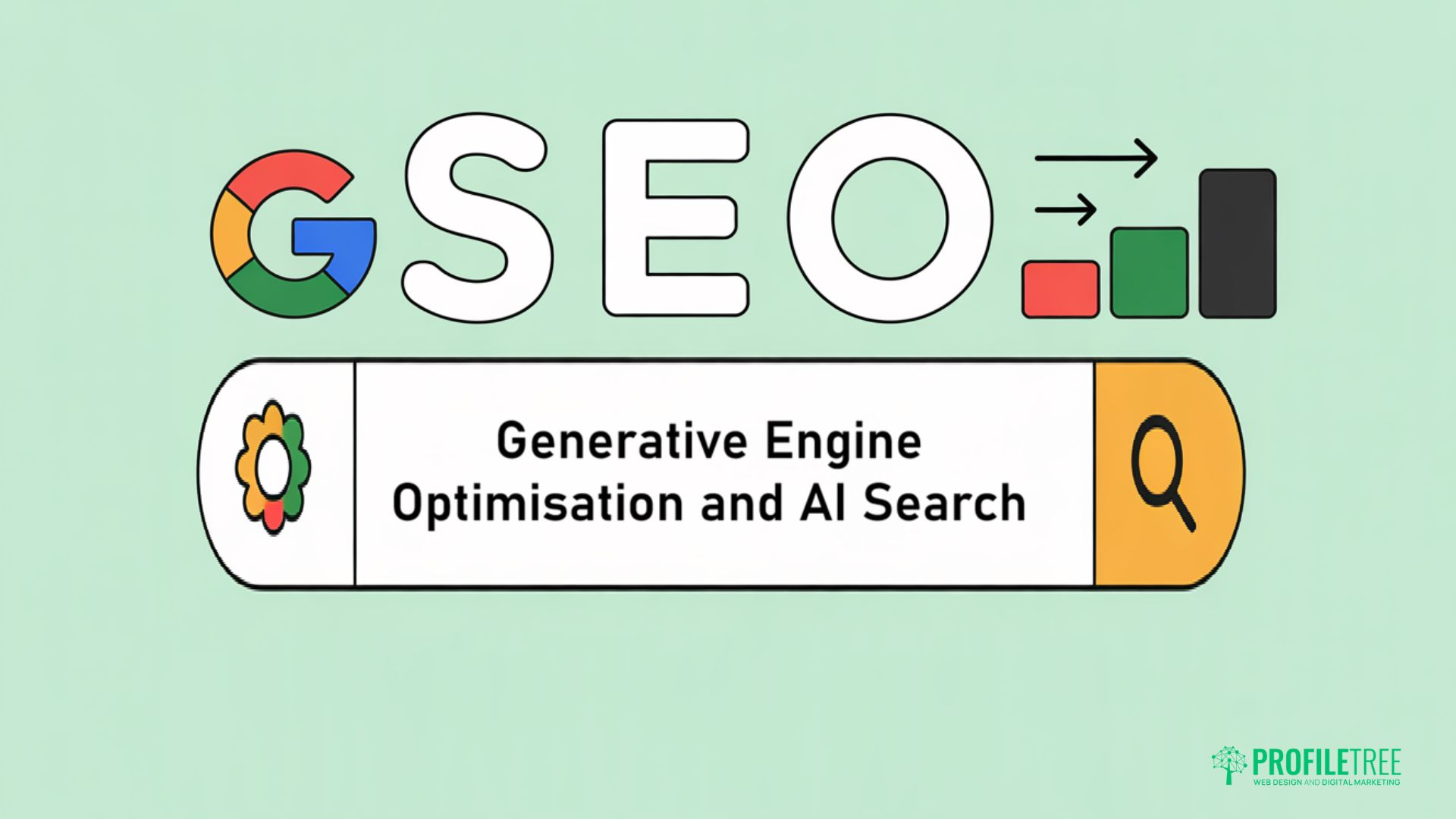 Illustration showing SEO with a Google logo as the G, graphics of charts, and text reading Generative Engine Optimisation and AI Search on a search bar, highlighting Quality Ranking Factors for effective SEO.
