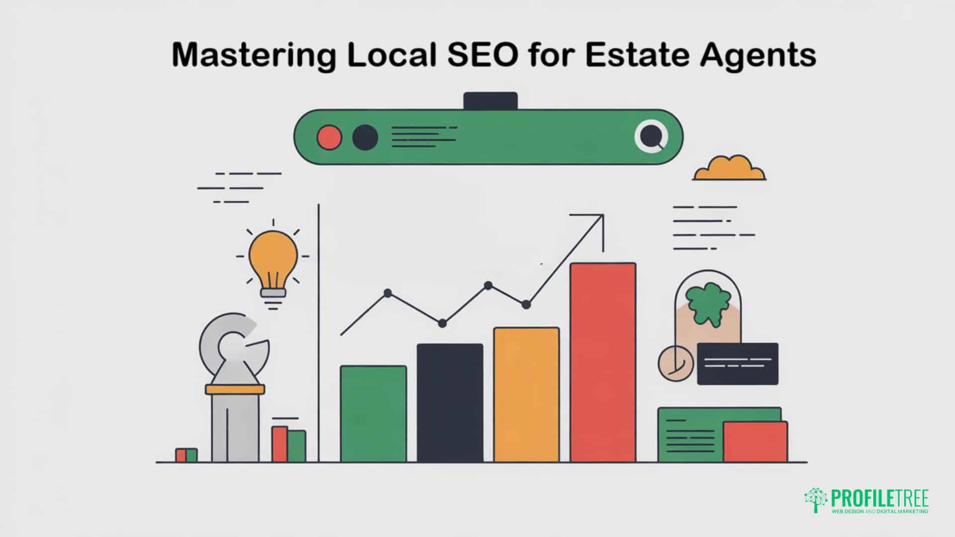 An illustration featuring a search bar, SEO-themed bar and line graphs, a light bulb, and various icons, with the title Mastering Local SEO for Estate Agents at the top—ideal for an Estate Agency Website.