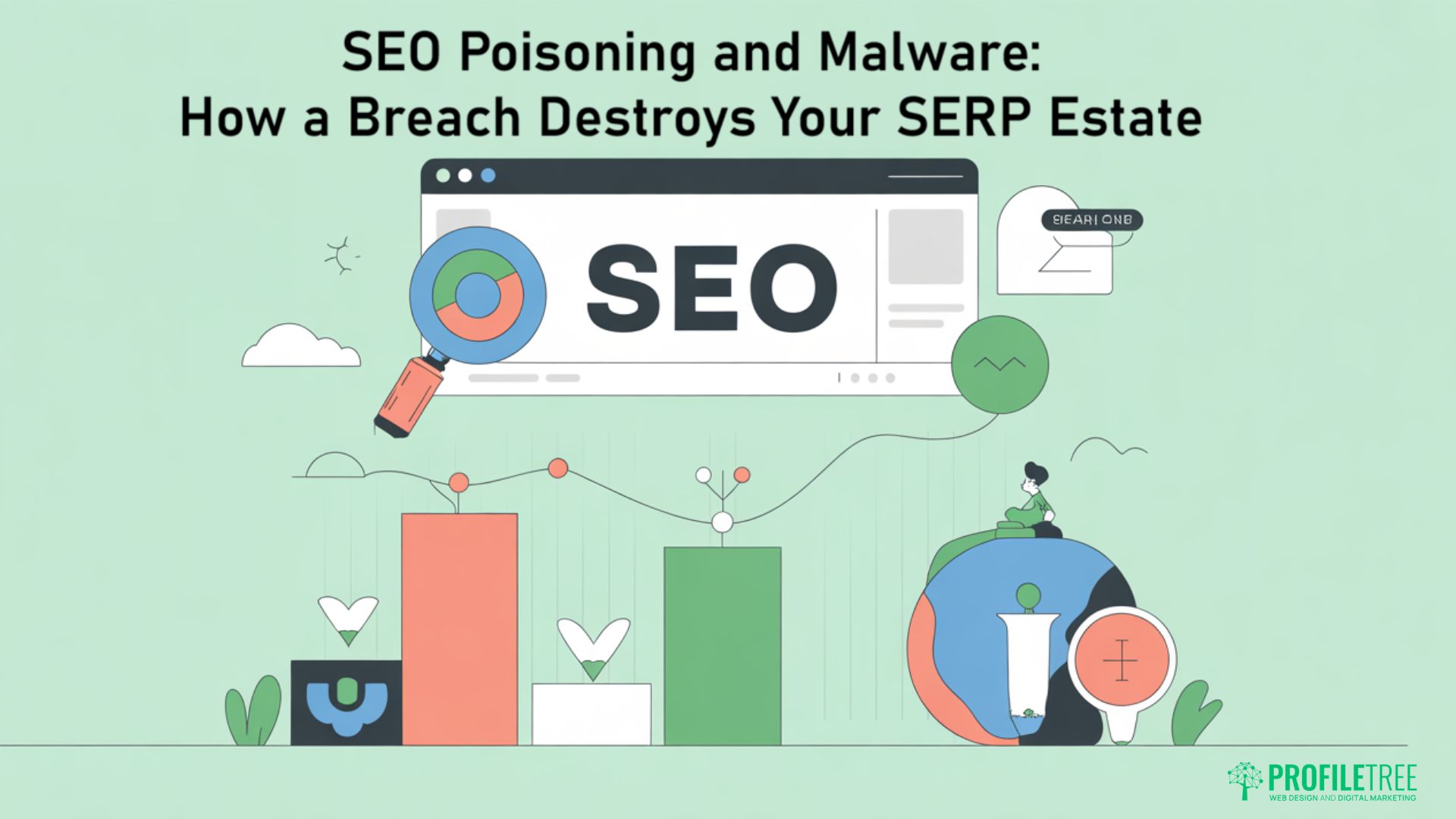 Illustration showing SEO and Cybersecurity concepts with graphs, search icons, and a globe. The image features the text: SEO Poisoning and Malware: How a Breach Destroys Your SERP Estate. Profiltree logo is in the bottom right corner.