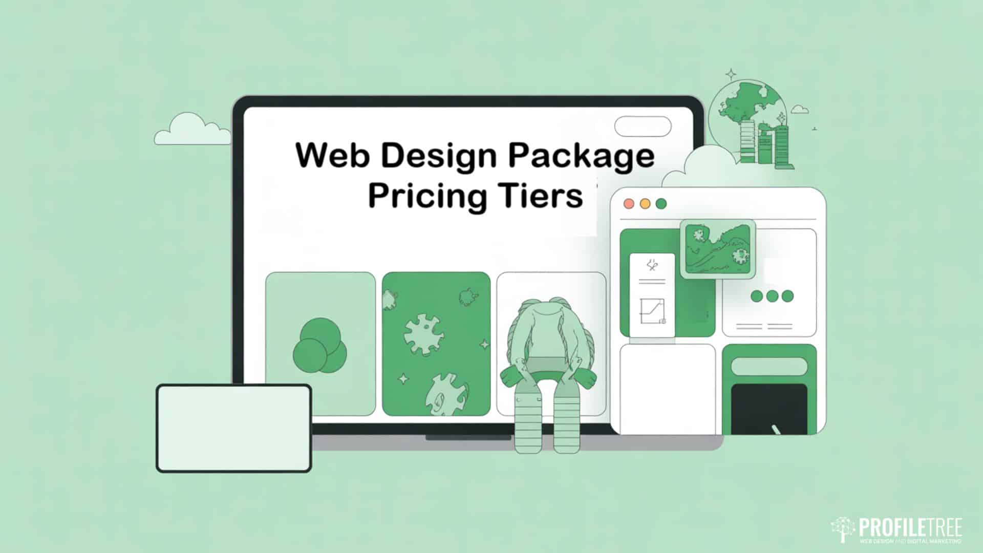 Illustration showing Small Business Web Design Package Pricing Tiers on a large computer screen, surrounded by smaller screens and design elements. The green and white colour scheme highlights solutions tailored for small businesses. PROFILTREE logo is in the bottom right corner.