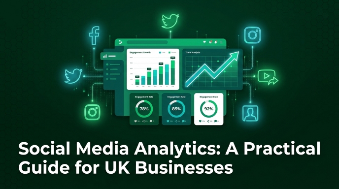 A digital dashboard displays Social Media Analytics with charts and social media icons for Facebook, Twitter, Instagram, and LinkedIn. The text reads: Social Media Analytics: A Practical Guide for UK Businesses.