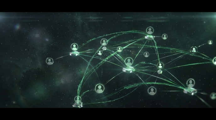 Abstract digital network with interconnected user icons and lines on a dark, space-like background, illustrating global connectivity or data exchange within a social media community.