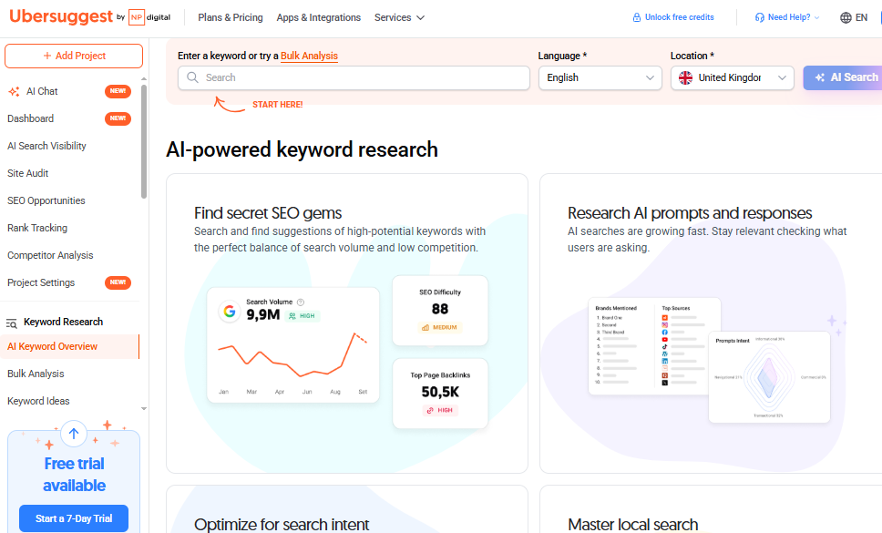 Screenshot of the Ubersuggest dashboard showcasing keyword search and analytics features for SEO insights