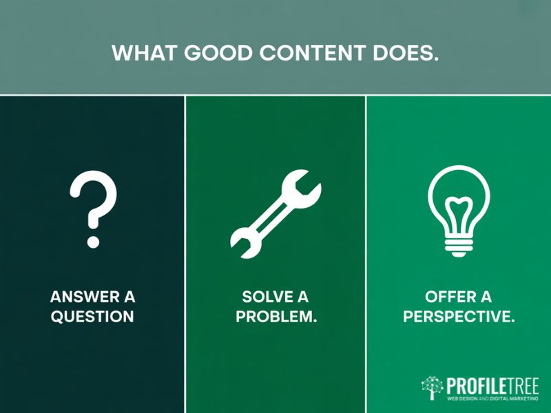 Online engagement content framework showing three pillars of answering questions solving problems and offering perspective