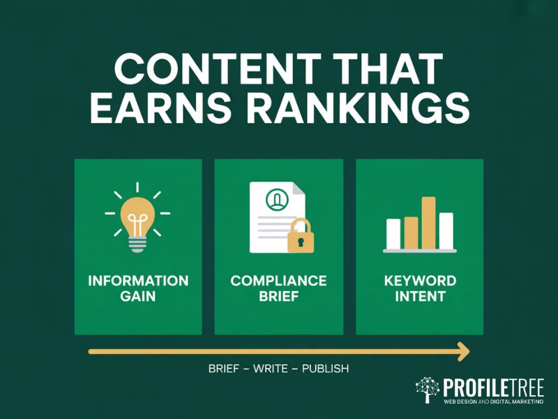 Content strategy and compliance workflow for Finance Websites showing information gain