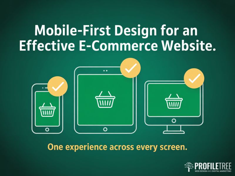 Mobile tablet and desktop icons showing responsive design for an Effective E-Commerce Website on deep green background