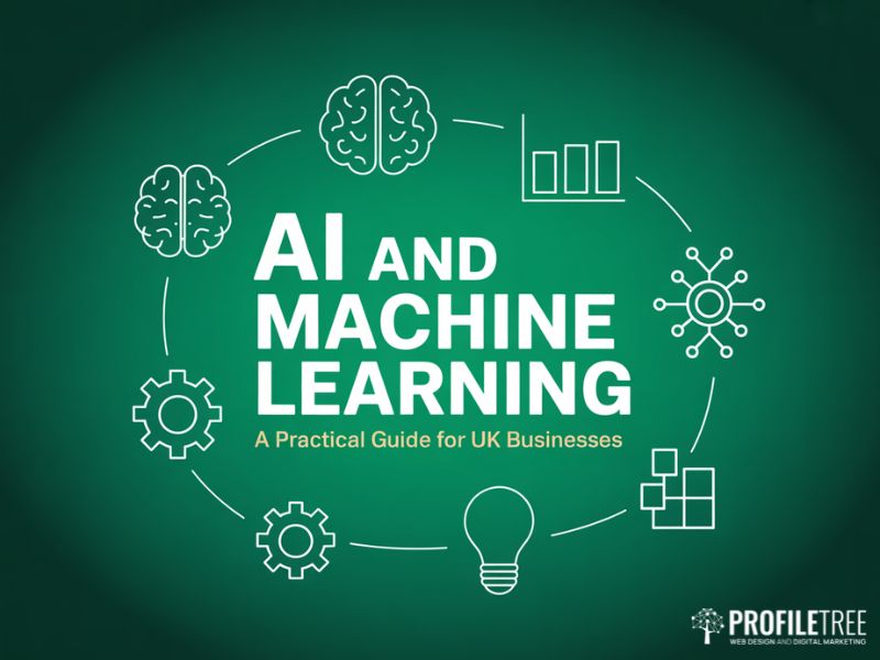 AI and Machine Learning practical guide for UK businesses hero graphic with white icons on deep green background