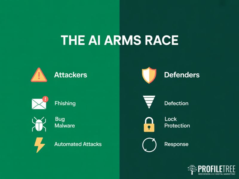 Flat vector split graphic showing the AI and Cybersecurity arms race between attacker techniques and defensive countermeasures
