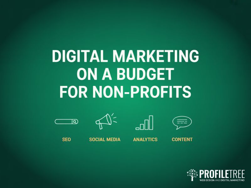 Hero image showing key digital marketing channels for a budget for non-profits including SEO social media analytics and content