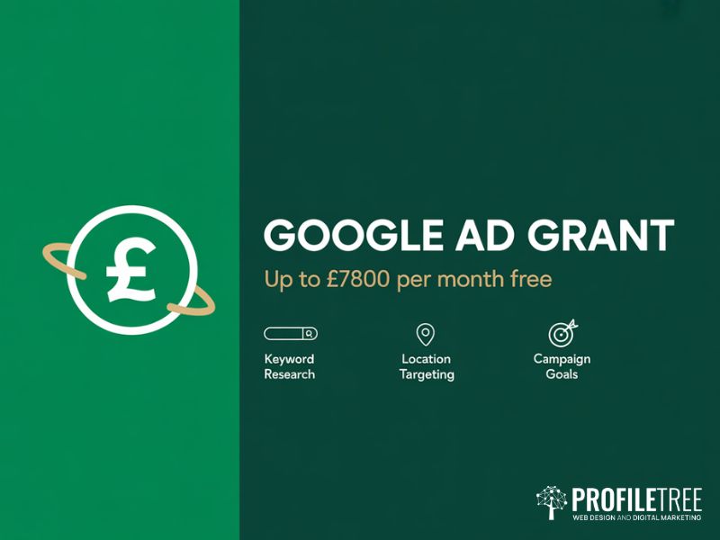 Flat vector graphic explaining the Google Ad Grant as a free tool for managing a budget for non-profits in the UK