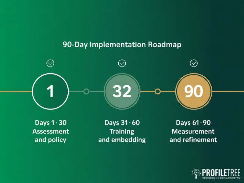 AI Competency Framework 90-day implementation roadmap showing three phased rollout milestones