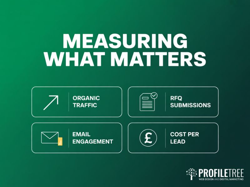 Digital Marketing for Manufacturers performance dashboard showing organic traffic RFQ submissions email engagement and cost per lead