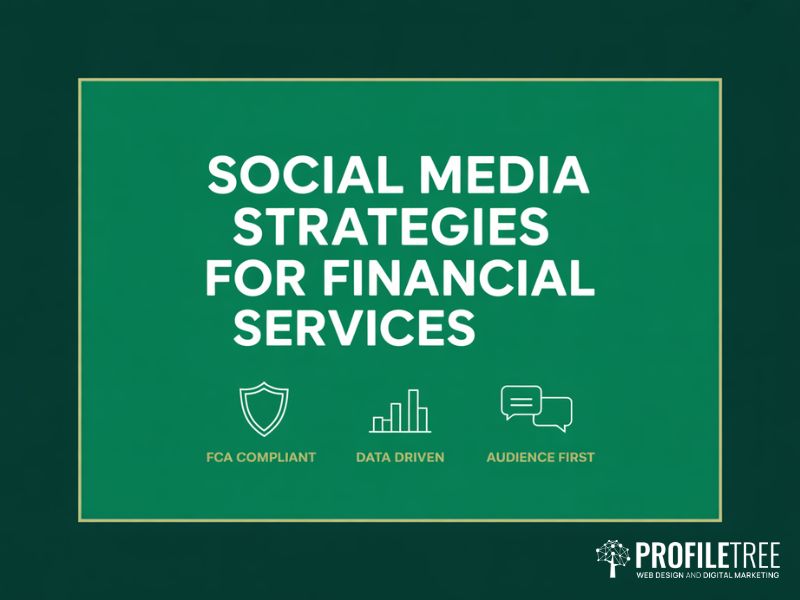 Hero image for Social Media Strategies for Financial Services showing compliance performance and audience icons on deep green background