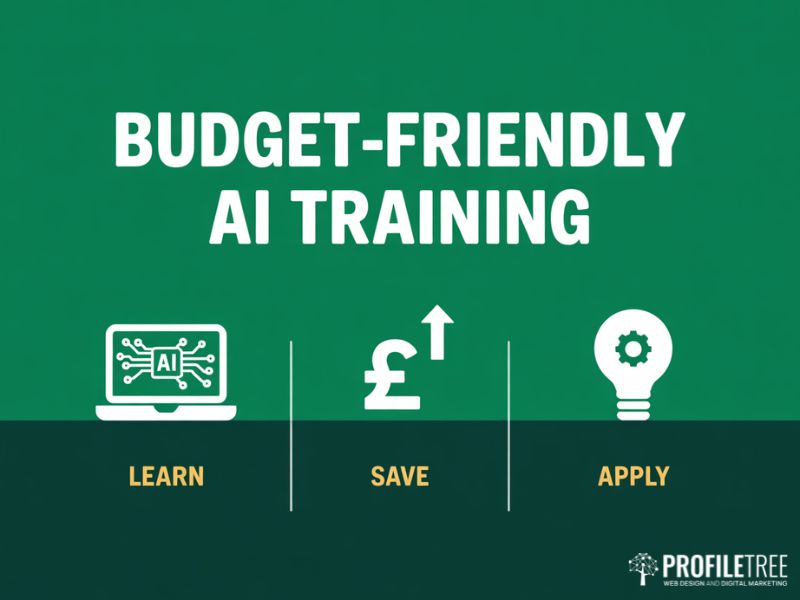 Budget-Friendly AI Training for small businesses showing learn save and apply icons on green background