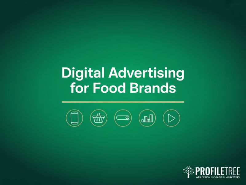 Digital advertising strategies for food brands showing growth charts and channel icons