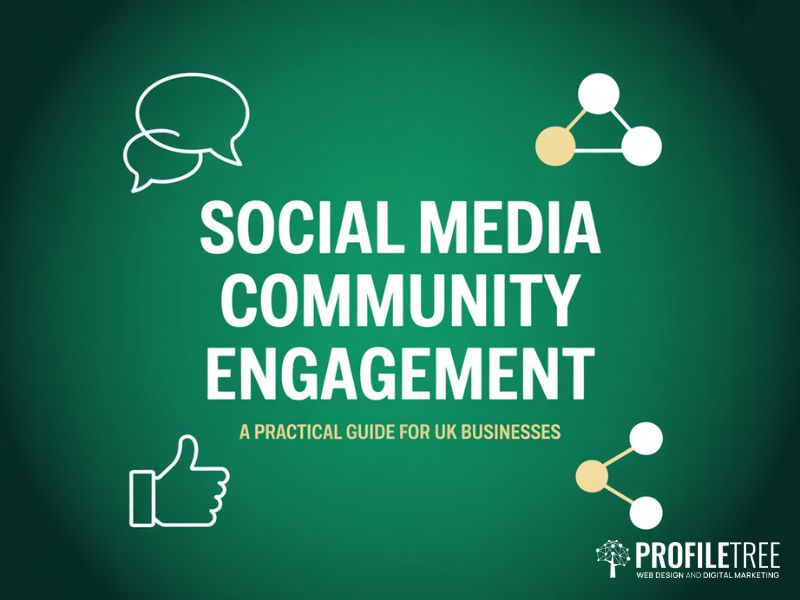 Social media community engagement guide hero image showing connected conversation icons on deep green background