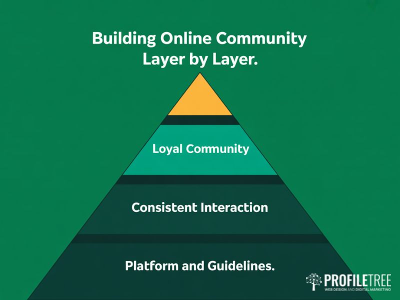 Online engagement community building pyramid showing platform guidelines interaction and loyal community layers