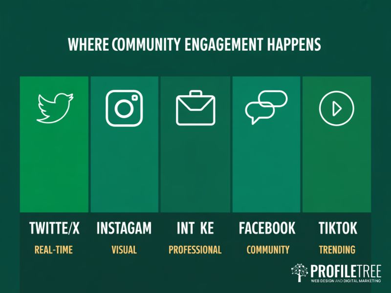 Five social media platforms for community engagement shown as flat column icons with gold keyword labels on dark green background