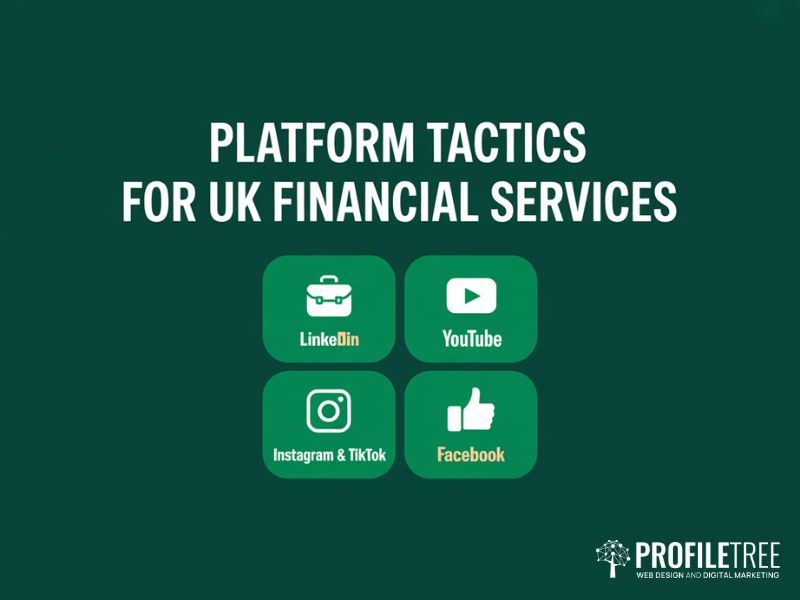 Platform tactics grid for Social Media Strategies for Financial Services showing LinkedIn YouTube Instagram TikTok and Facebook channels