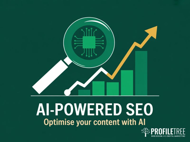 AI-Powered SEO flat vector graphic showing a circuit-pattern magnifying glass and rising bar chart on a deep green background
