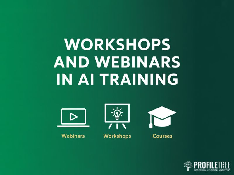 Hero image for Workshops and Webinars in AI Training showing three learning format icons on a deep green background