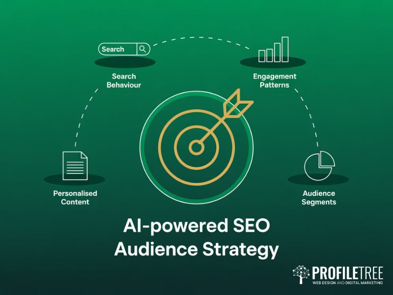 AI-Powered SEO target audience strategy diagram showing a bullseye with four surrounding audience insight icons on a deep green background
