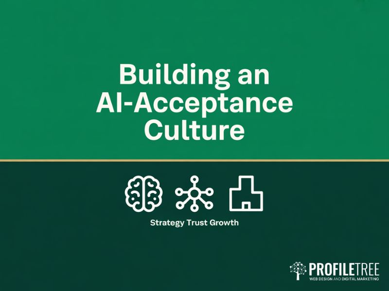 Flat vector illustration representing AI-Acceptance Culture in business with icons for strategy trust and growth