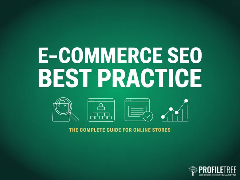 Hero graphic for E-commerce SEO Best Practice guide showing key topic icons including keyword research site architecture and performance tracking