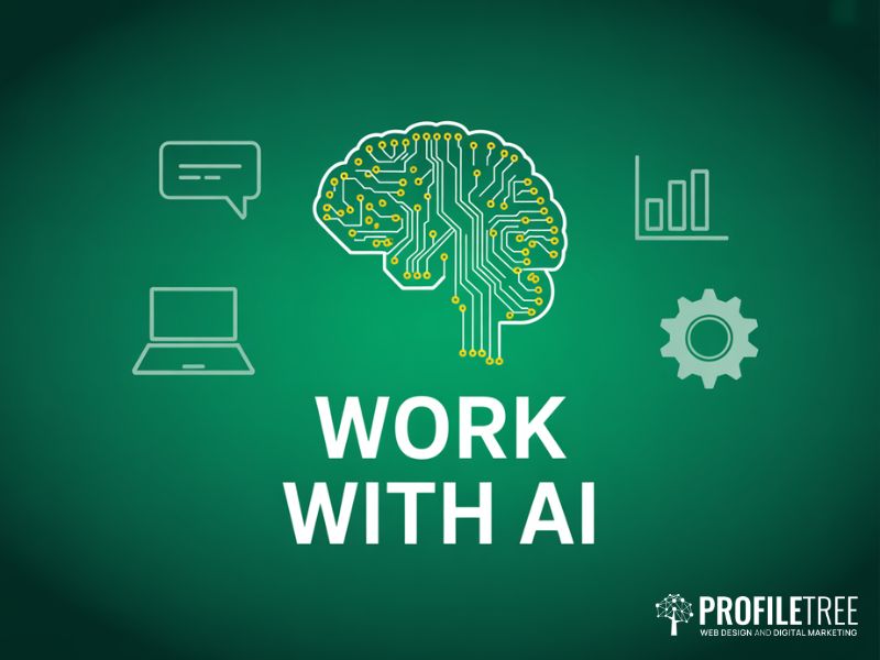 Hero banner for guide on how to work with AI showing a circuit brain and workplace icons on a deep green background