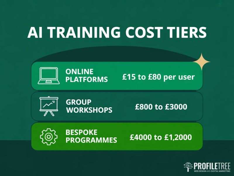 AI Training for Your SME cost tiers illustrated as a flat vector graphic showing three budget levels from online platforms to bespoke programmes