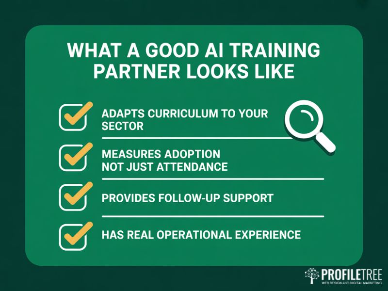 AI Training for Your SME provider checklist shown as a flat vector graphic with four criteria for evaluating a UK training partner