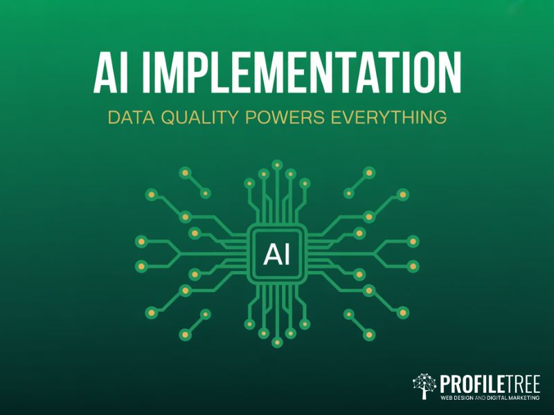 Flat vector diagram showing data networks feeding into an AI processor representing the foundations of AI implementation