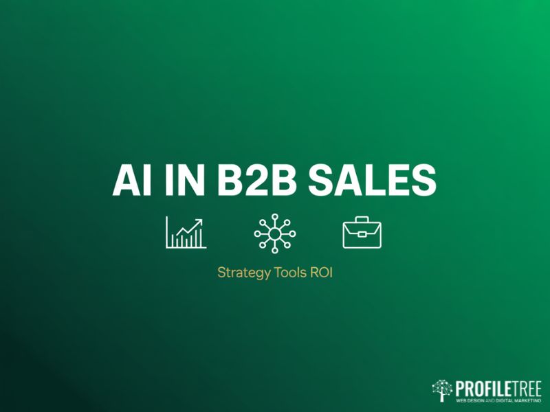 Hero graphic for AI in B2B Sales guide showing strategy tools and ROI icons on deep green background