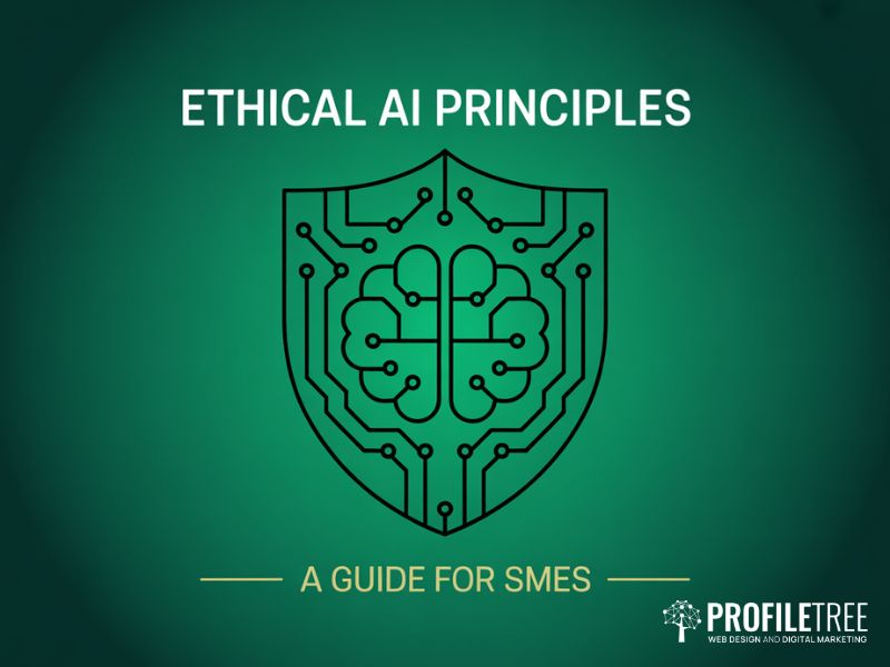 Flat vector shield and AI brain graphic representing Ethical AI Principles for SMEs on a deep green background