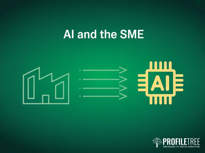 Flat vector diagram of SME business and AI chip connection illustrating Ethical AI Principles for SMEs context