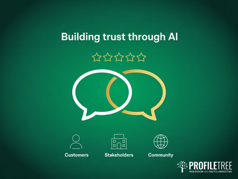 Flat vector speech bubbles and trust icons showing how Ethical AI Principles for SMEs build stakeholder and customer confidence