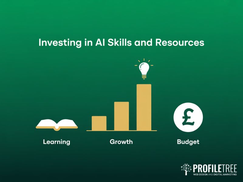 Flat vector bar chart book and budget icons showing investment in skills and resources to support Ethical AI Principles for SMEs