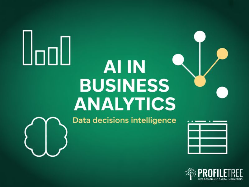 AI in Business Analytics hero graphic showing data icons bar charts and neural network nodes on a deep green background