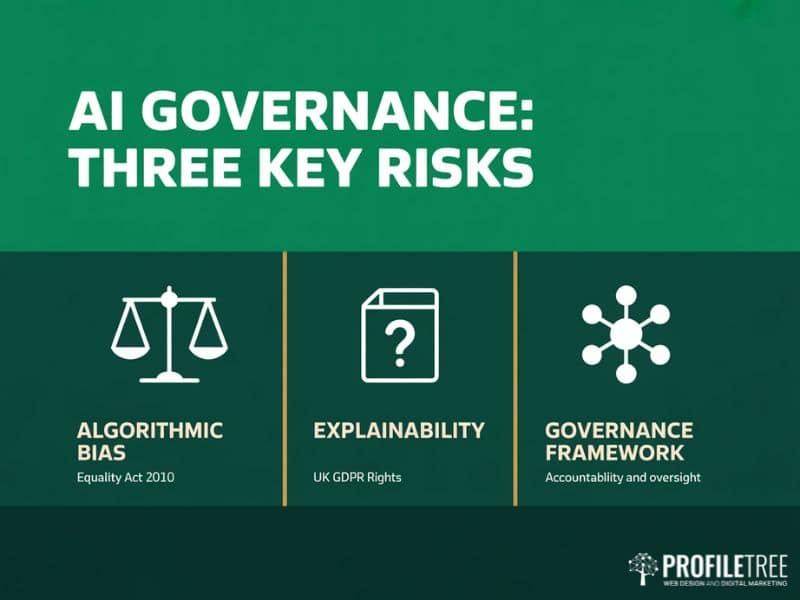 Flat vector graphic showing three Business Compliance risks in AI governance: algorithmic bias explainability and governance framework accountability
