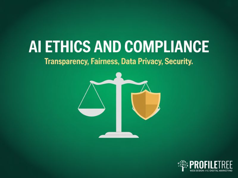 AI in Business Analytics ethics and compliance graphic showing scales and security shield icons on deep green background
