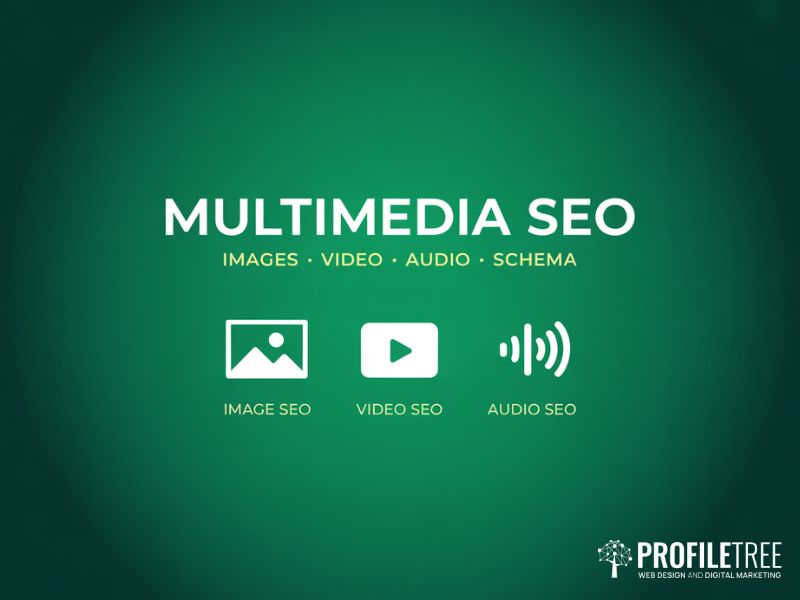 Multimedia SEO overview graphic showing image video and audio optimisation icons on a deep green background