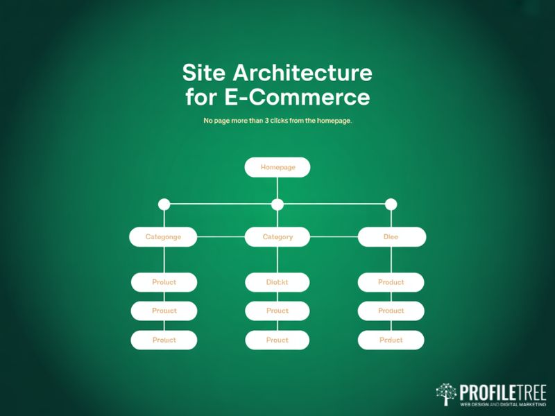 Flat vector site hierarchy diagram supporting E-commerce SEO Best Practice showing homepage category and product page structure